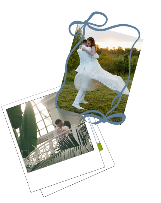 Two wedding photos collaged together showing a couple dancing in a field at sunset and kissing on a balcony.
