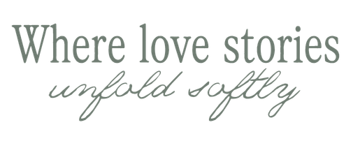 Elegant typography reading 'Where love stories unfold softly' in sage green script font on white background.