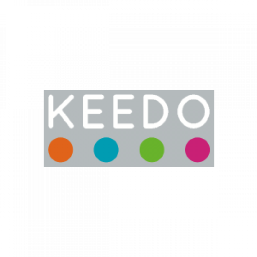 A modern colorful logo design for Keedo featuring a stylized wordmark and four vibrant circular dots.