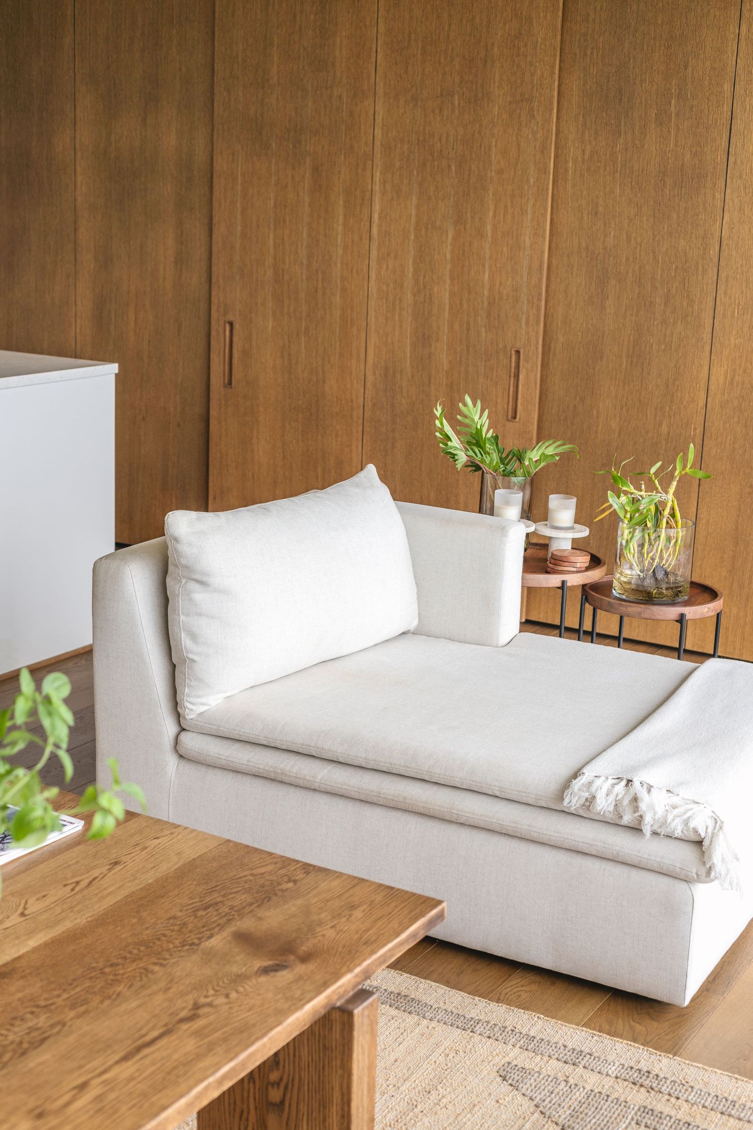 Modern living room features white sofa against wood paneled wall with minimalist decor and natural lighting.
