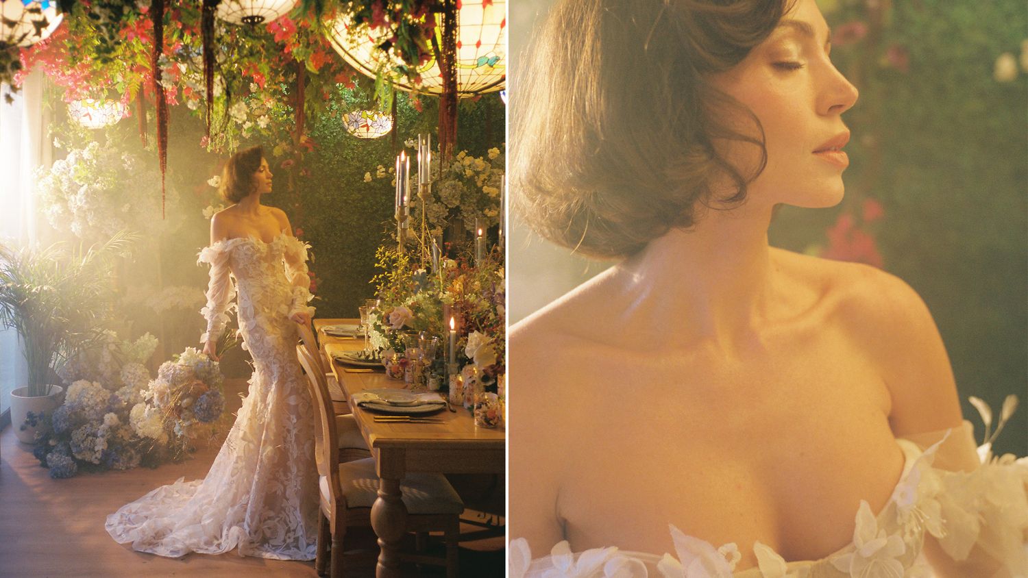 Elegant bride in floral lace gown poses in dreamy garden setting with soft sunlight and romantic floral decor.