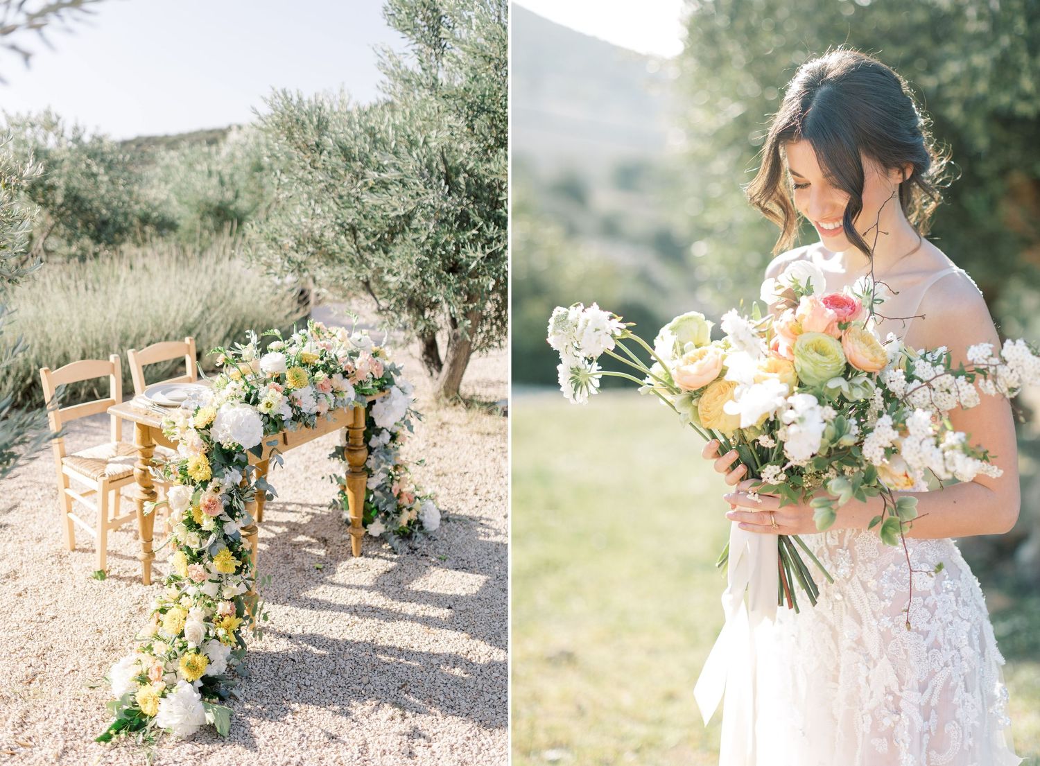 Elegant outdoor wedding ceremony setup with floral arch and rustic chairs next to person holding lush bridal bouquet.