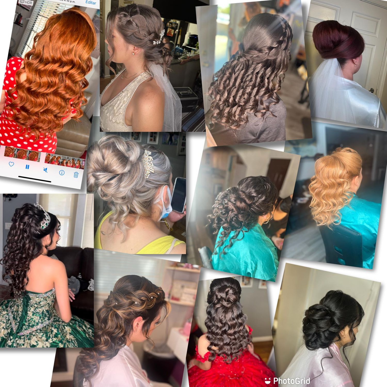 A collection of vintage-inspired hairstyles showcasing elaborate pin curls, victory rolls, and elegant updos in various colors.