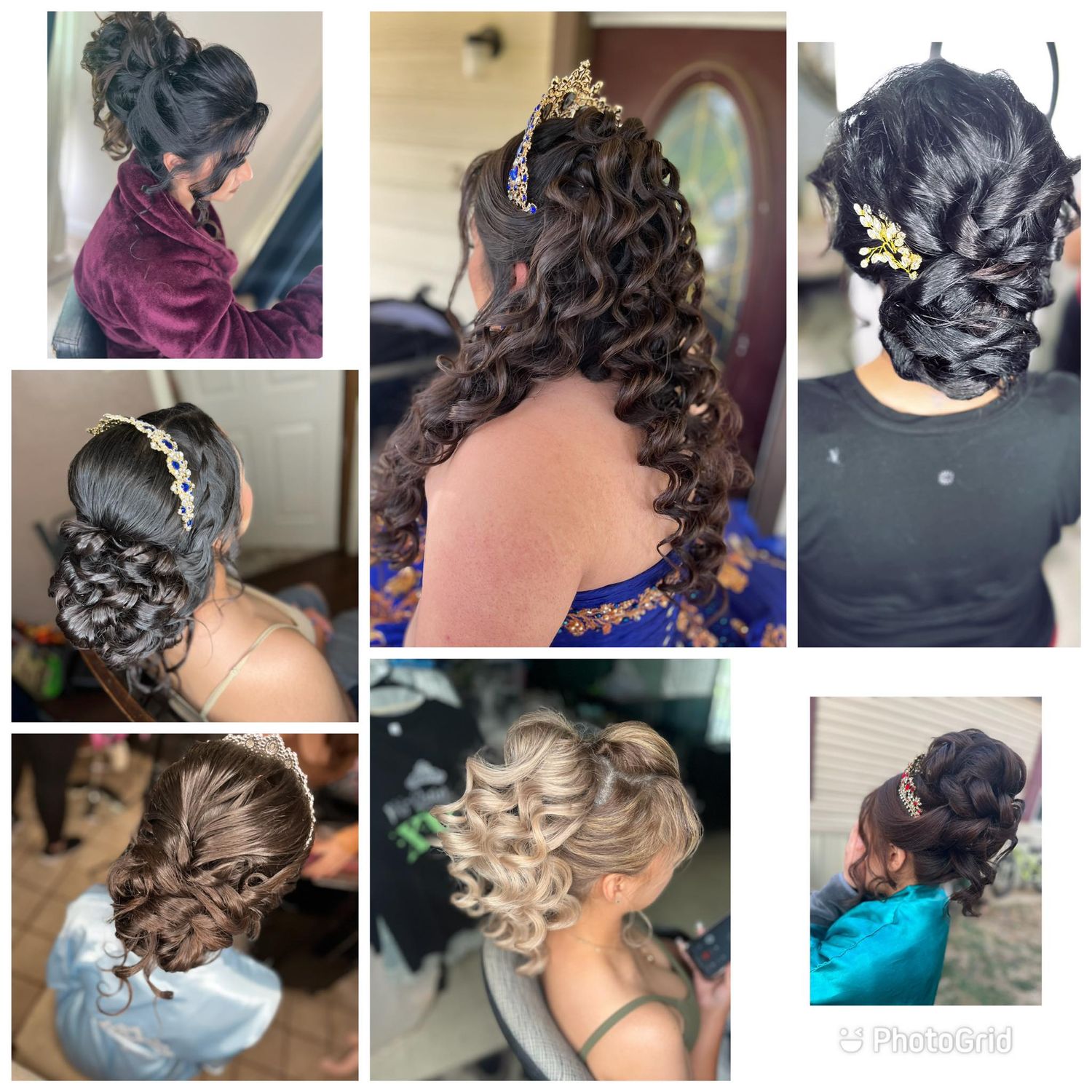 A collage of elegant updo hairstyles showcasing intricate braids, curls and decorative hair accessories for formal occasions.