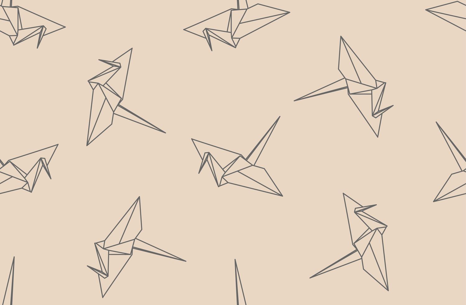 Minimalist line art pattern of origami paper cranes on a beige background, perfect for elegant wallpaper or textile design.