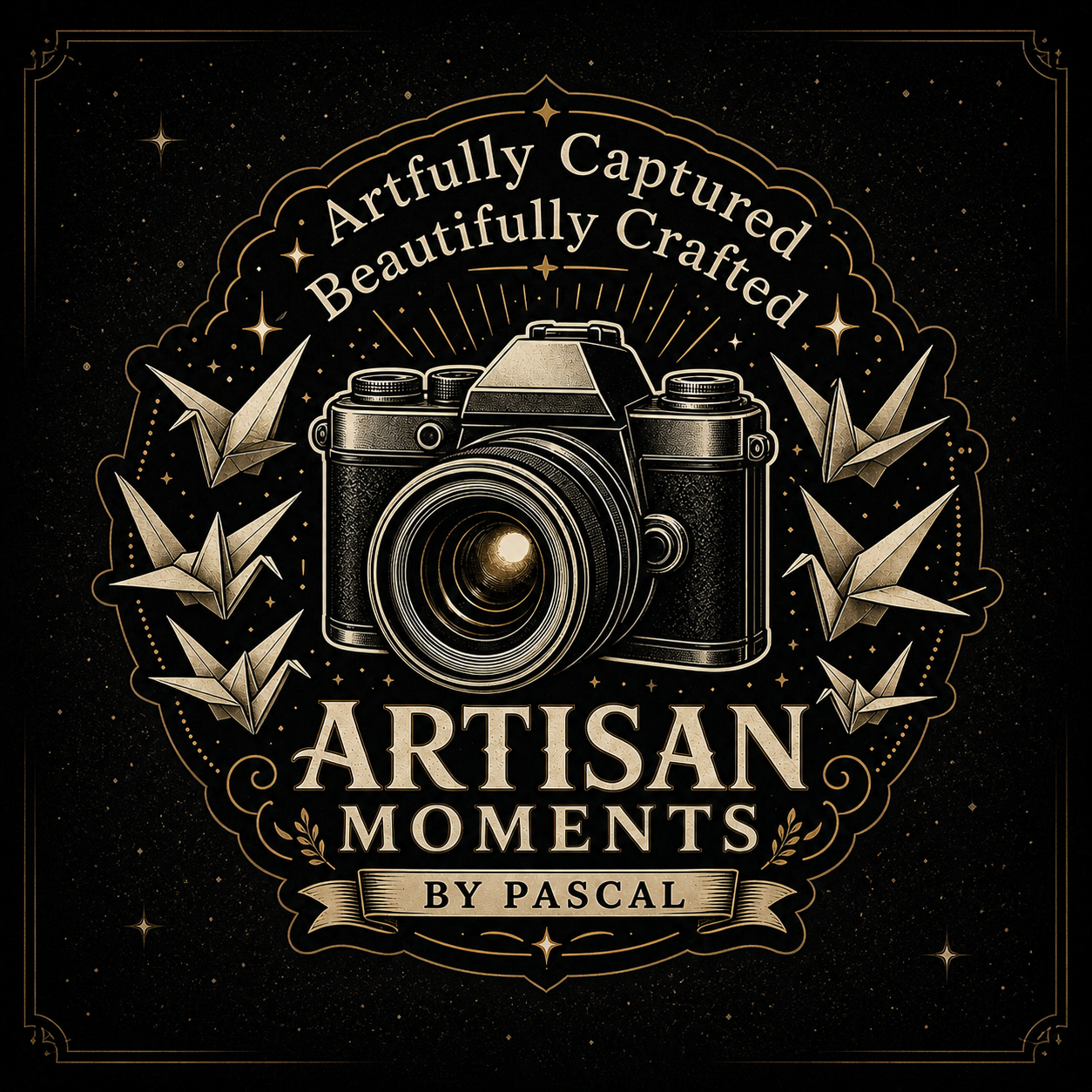 Artisan Moments by Pascal logo featuring a vintage camera, origami cranes, and gold text on a dark background.