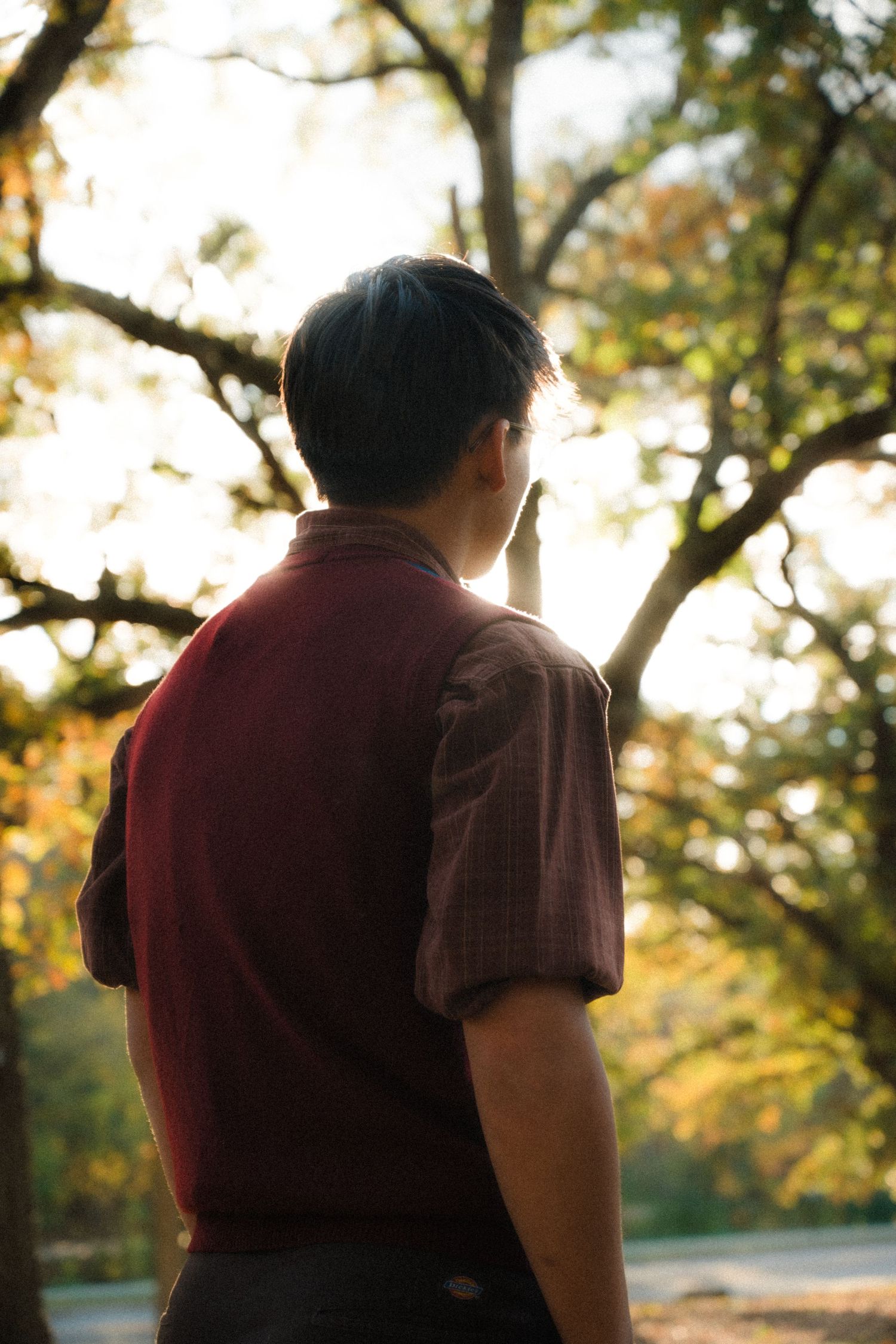 Silhouette of two people standing together against autumn trees at sunset.