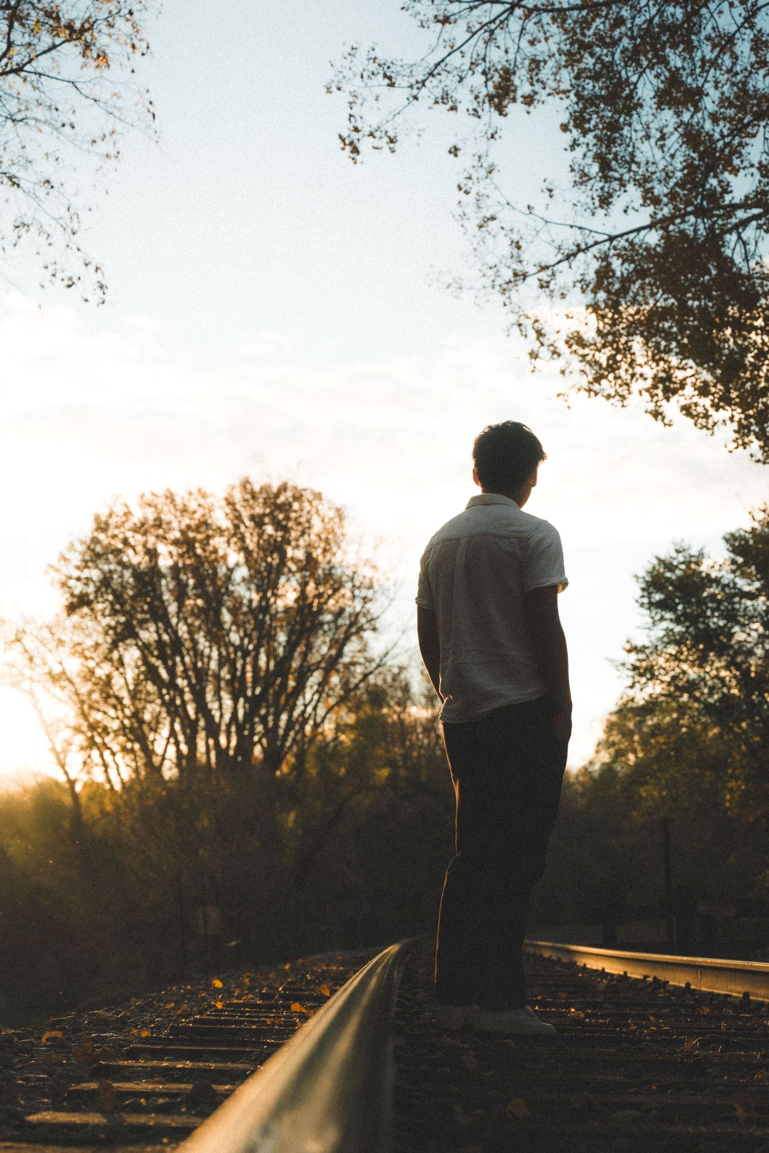 Silhouette standing on railroad tracks at sunset with trees in background.