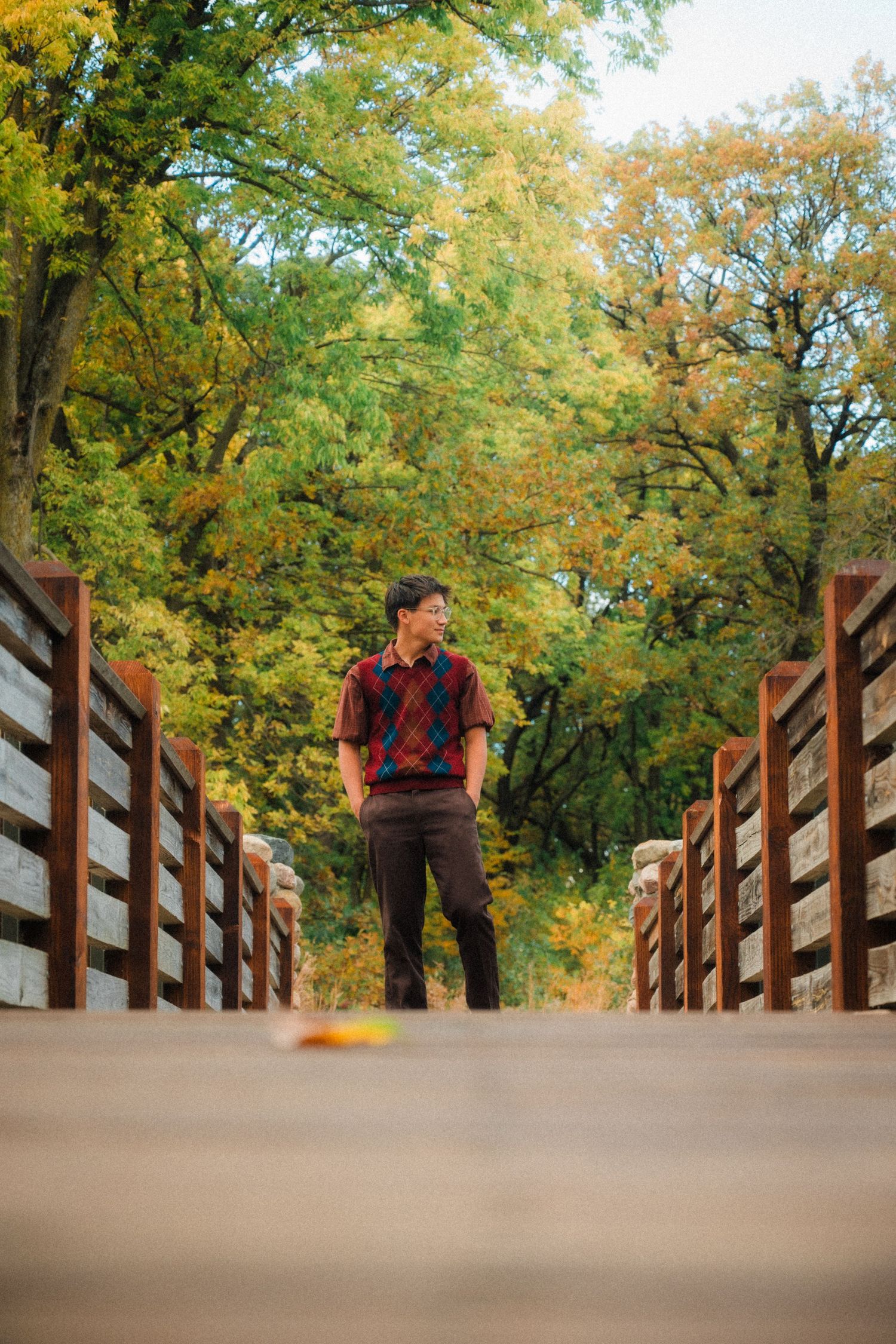Low angle shot on wooden boardwalk with fall colors in background.