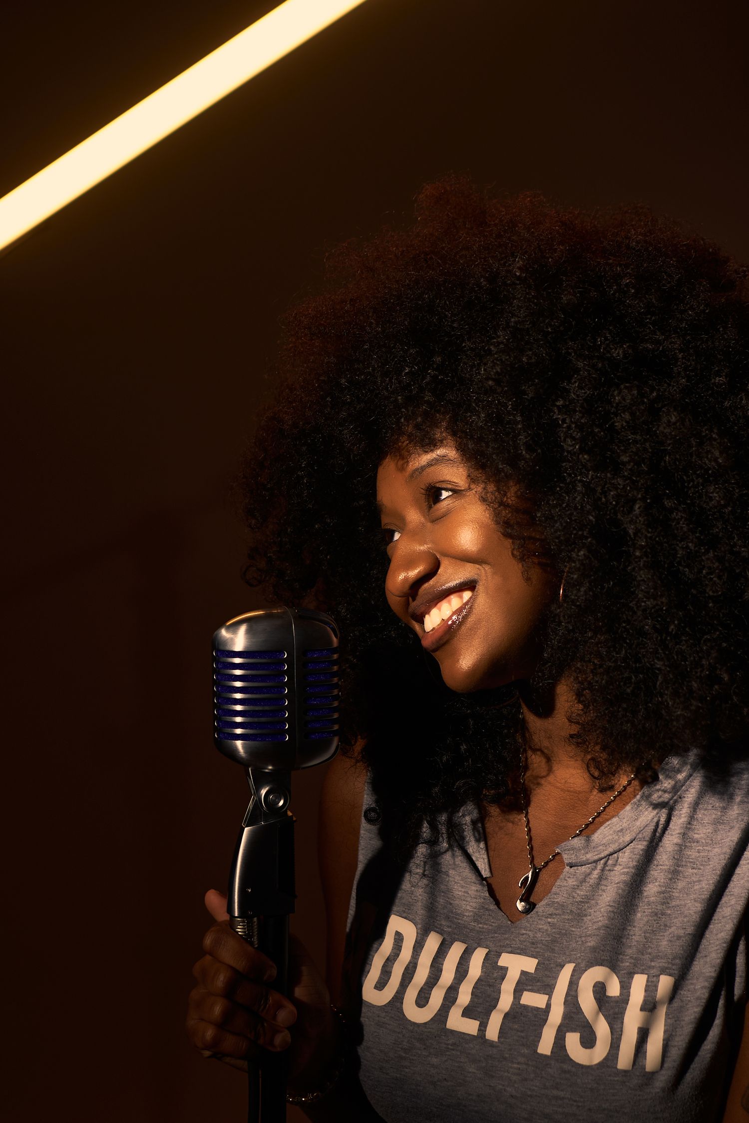 Singer performing with vintage microphone wearing grey t-shirt in warm lighting.