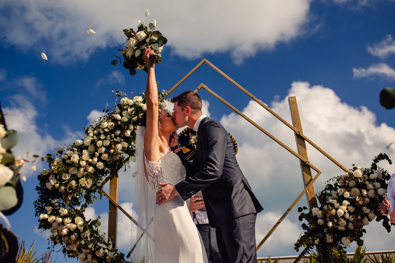 Bride and groom share first kiss Cancun Wedding Photographer, Destination Wedding Cancun,  Cancun Wedding