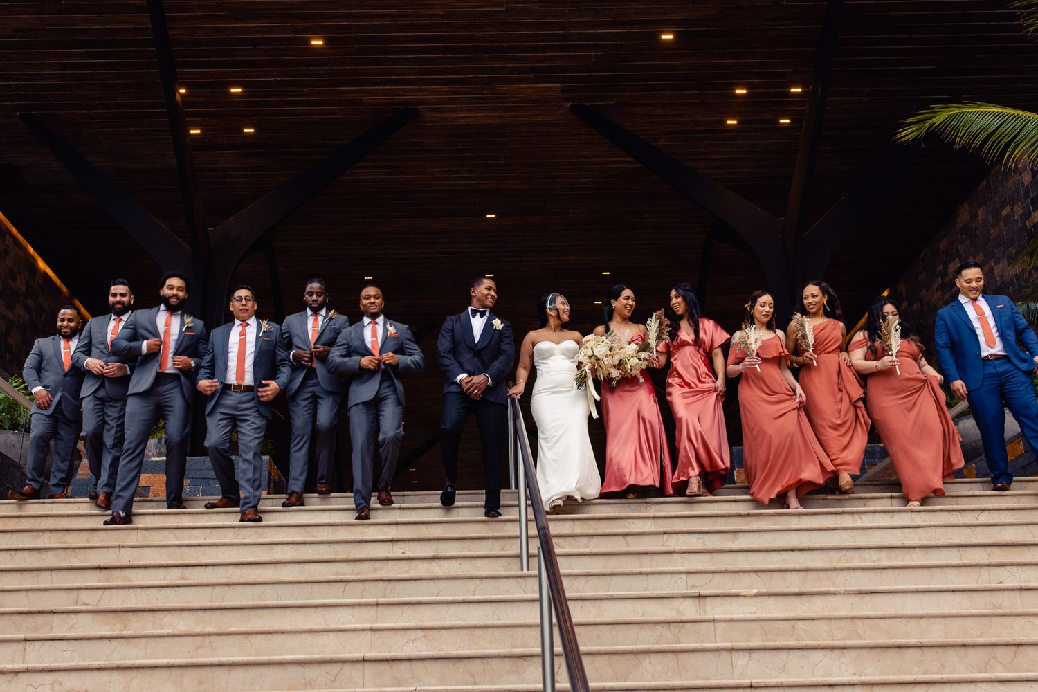 Wedding party poses on grand steps, Cancun Wedding Photographer, Destination Wedding Cancun,
