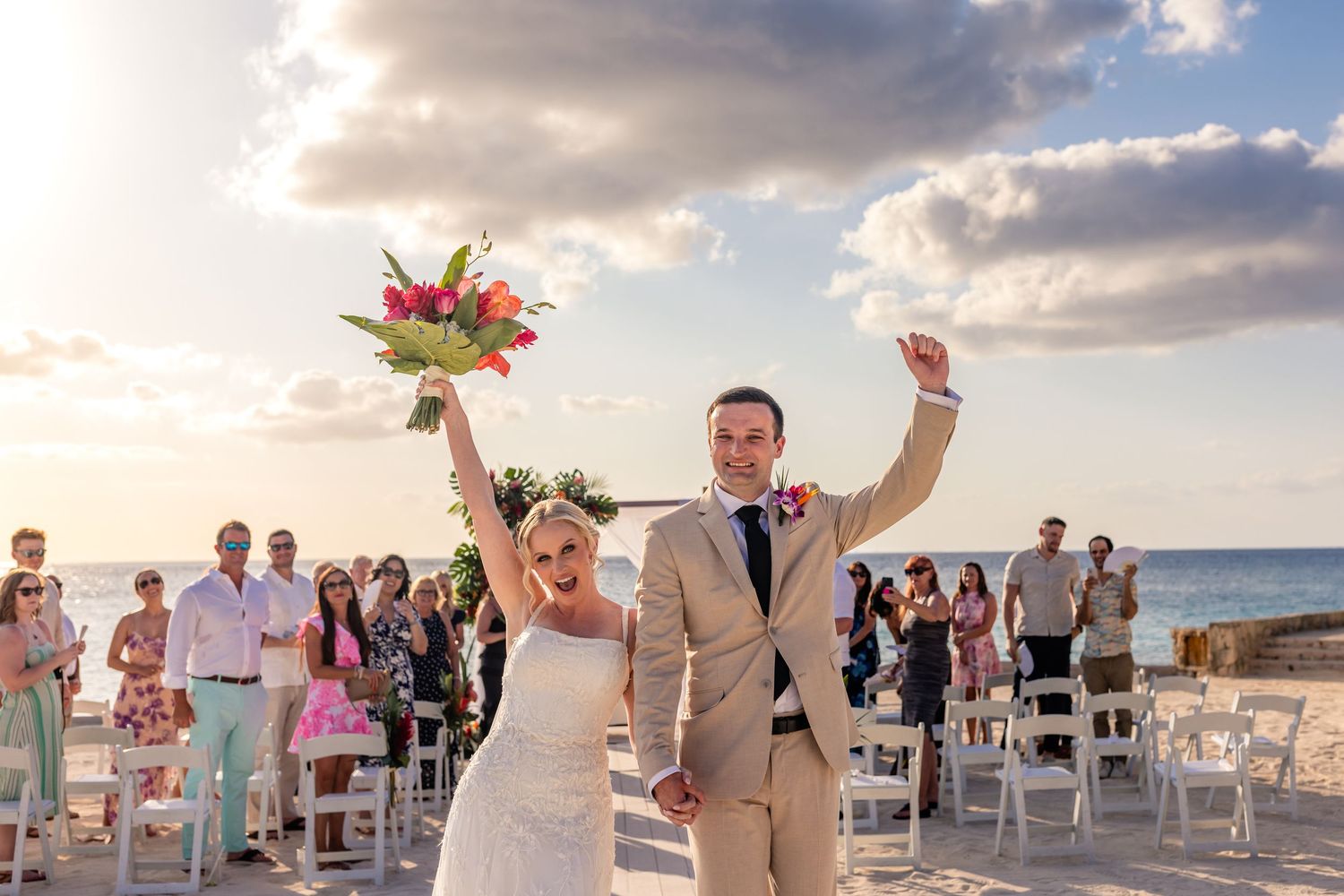 A collage of beach wedding ceremony photos showing a celebration at sunset with decorations and guests by the ocean.