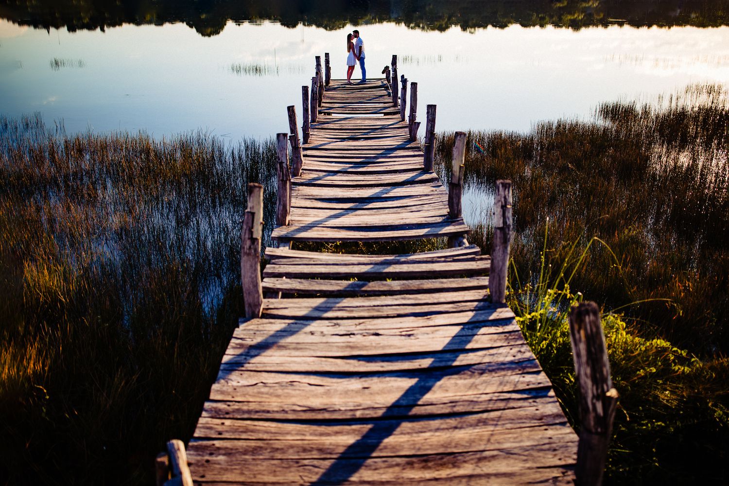 Wooden boardwalk path extends across a misty marsh landscape during golden hour lighting.