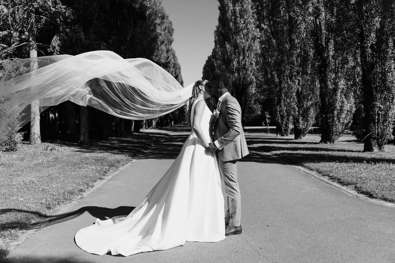 Wedding couple posing outdoors with floating veil against backdrop of tall cypress trees.