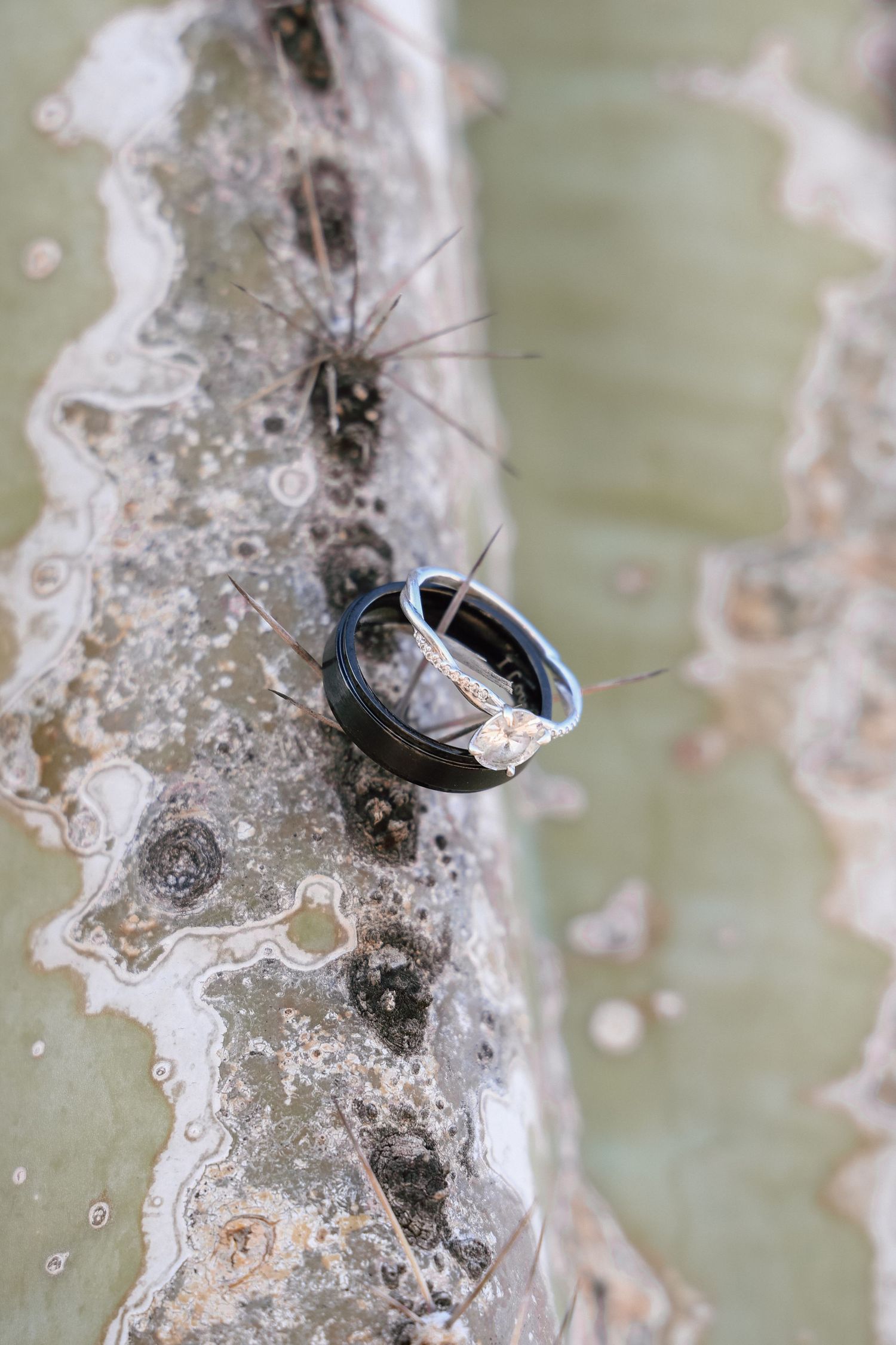 Two wedding rings, one black band and one diamond ring, resting on a textured stone surface.