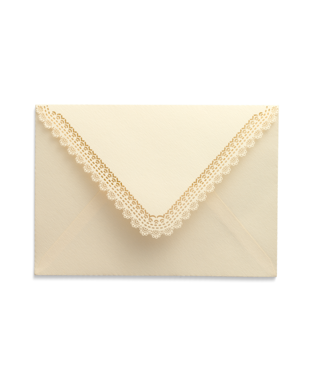 Elegant cream envelope with delicate gold lace trim along the flap edge, perfect for wedding invitations.
