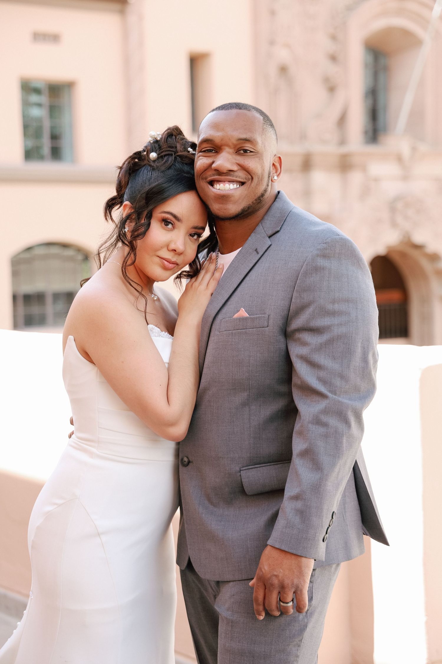 A happy couple in wedding attire share intimate moments in three romantic outdoor portrait poses.