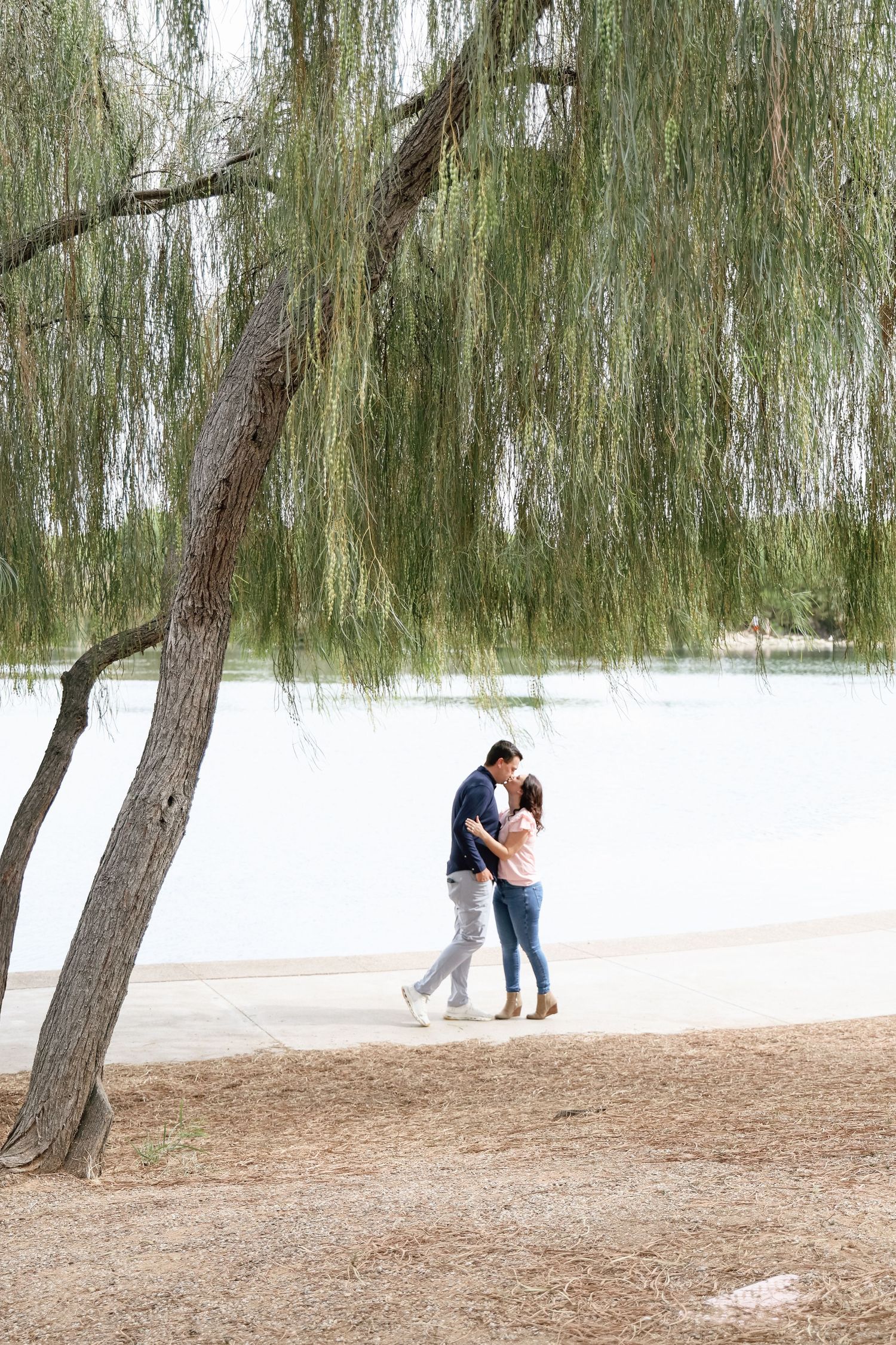 Couple embracing and kissing under a weeping willow tree by a serene lake on a romantic outdoor date.