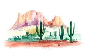 Watercolor painting of saguaro cacti and desert mesa landscape in warm earth tones of red, orange, and green.