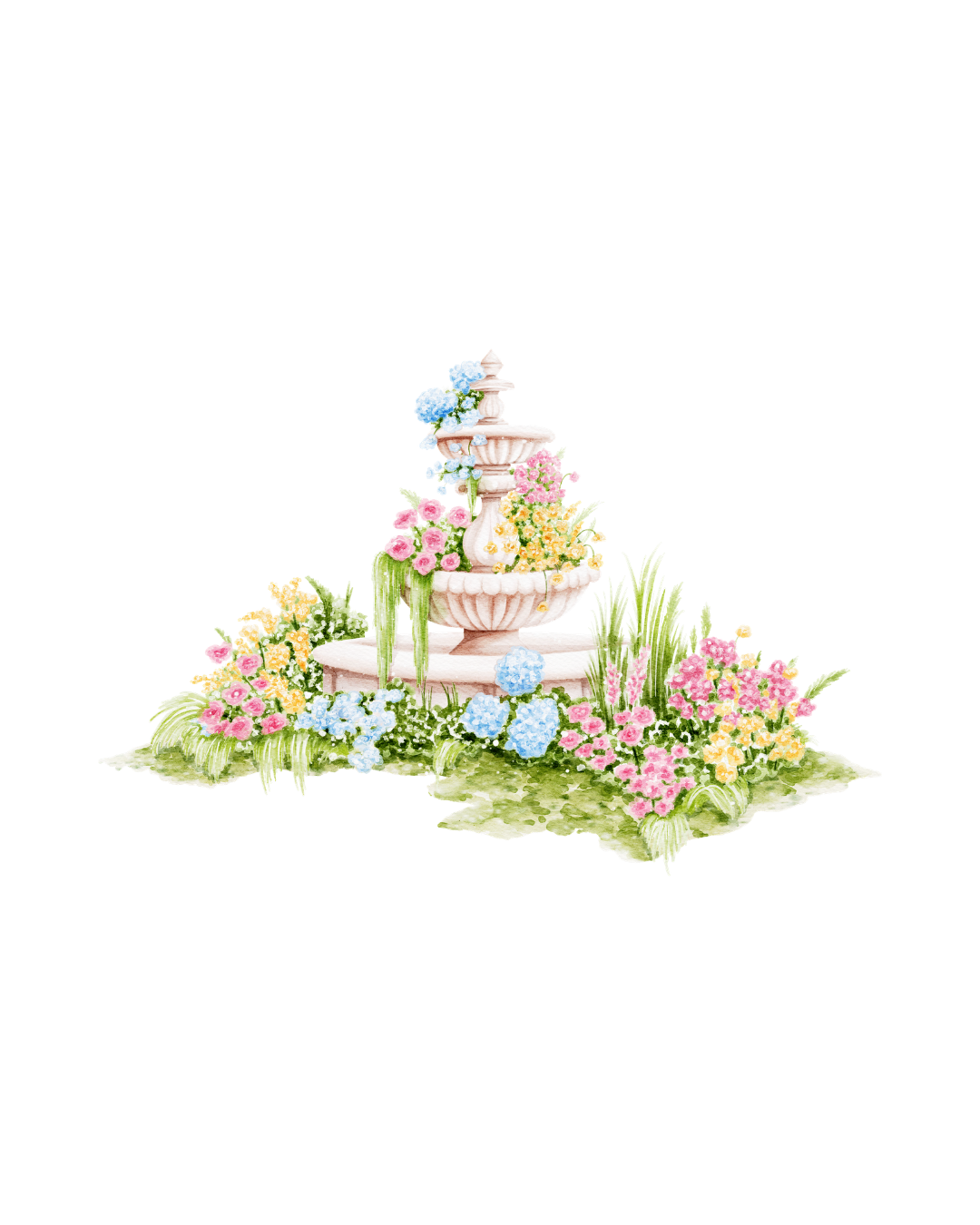 Watercolor tiered garden fountain surrounded by colorful spring flowers including pink, yellow, and blue blooms with a butterfly.