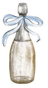Vintage glass bottle with elegant blue ribbon bow, watercolor illustration style.