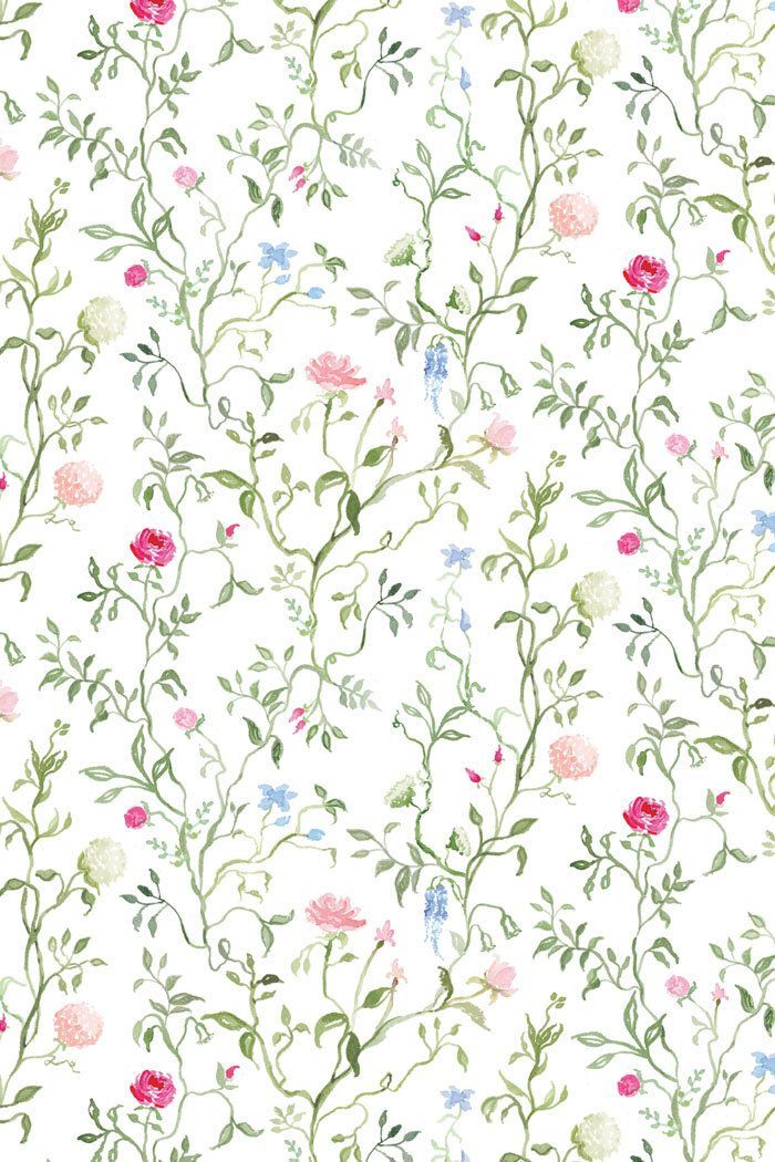 Delicate floral wallpaper pattern with pink roses, blue flowers, and green vines on a white background.