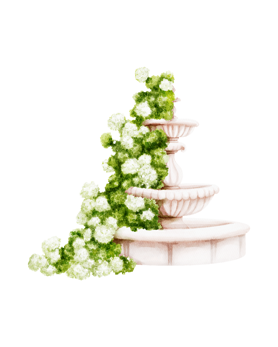 Elegant three-tiered stone garden fountain adorned with lush green foliage and white hydrangea flowers.