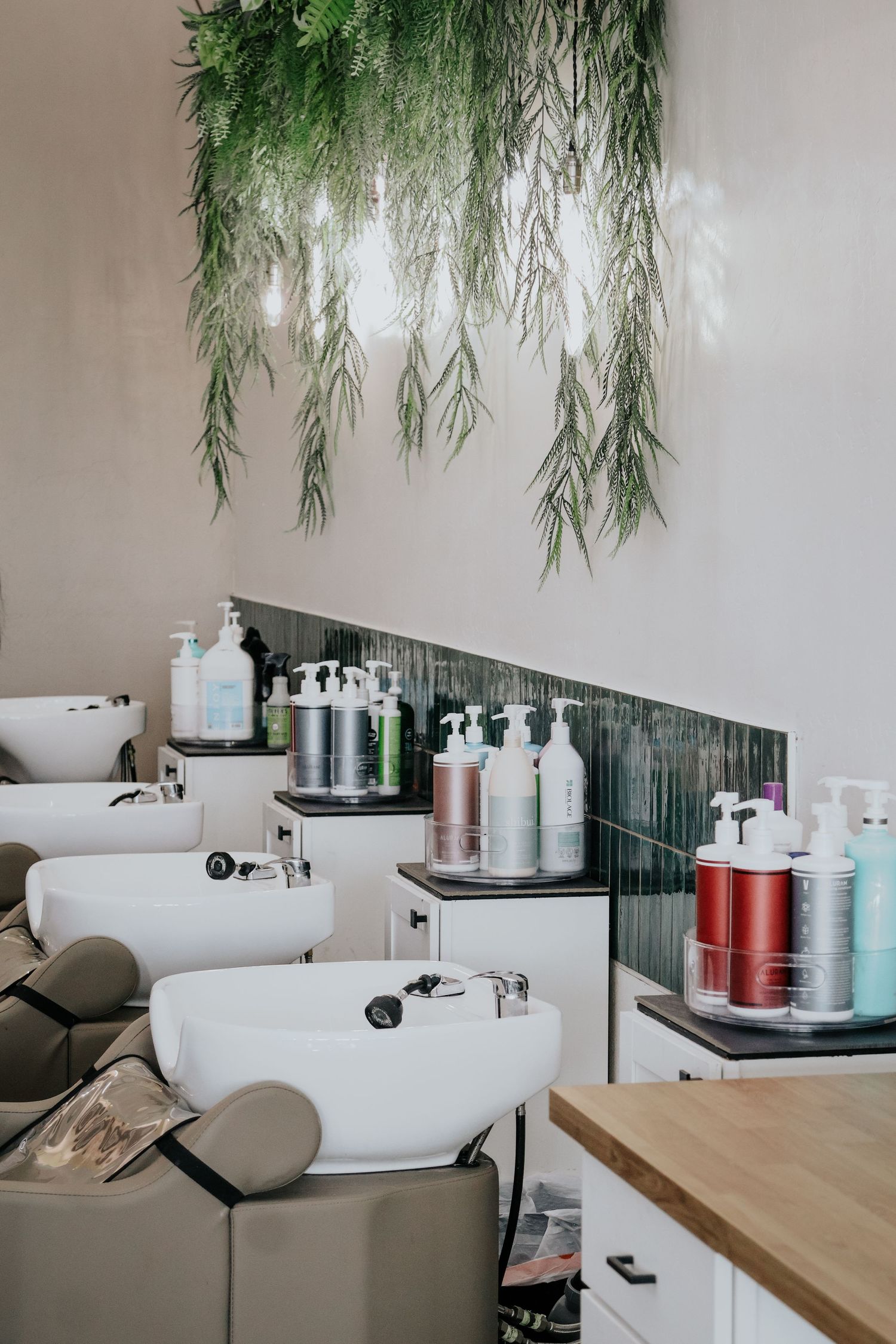 Modern salon interior with white wash basins and hanging plants creating a spa-like atmosphere.