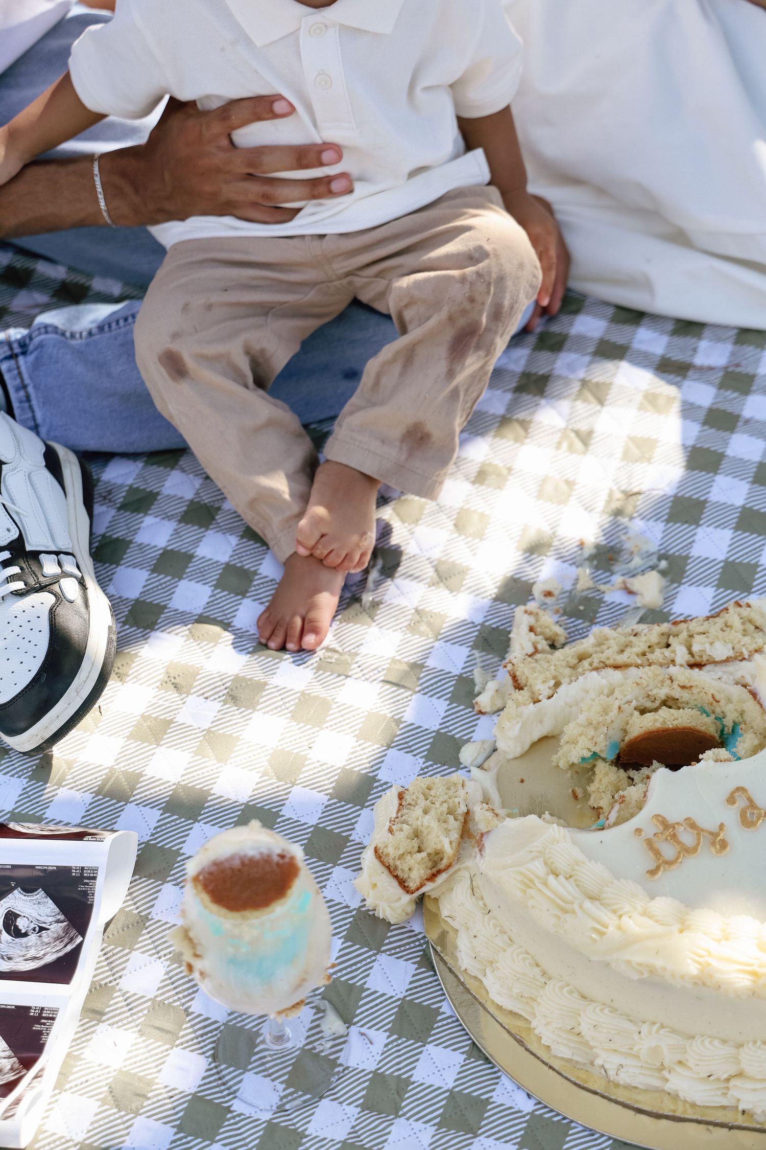 Baby sitting on checkered blanket beside smashed birthday cake, ultrasound photos nearby, during outdoor gender reveal party.