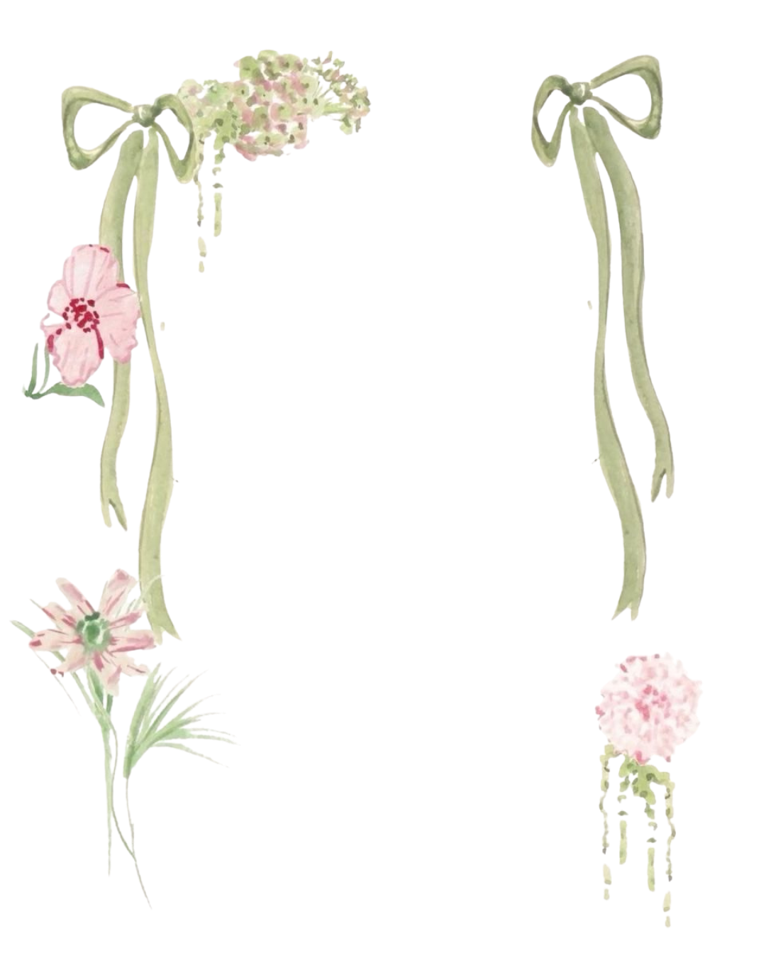 Watercolor floral border with pink flowers and green ribbon bows on white background.