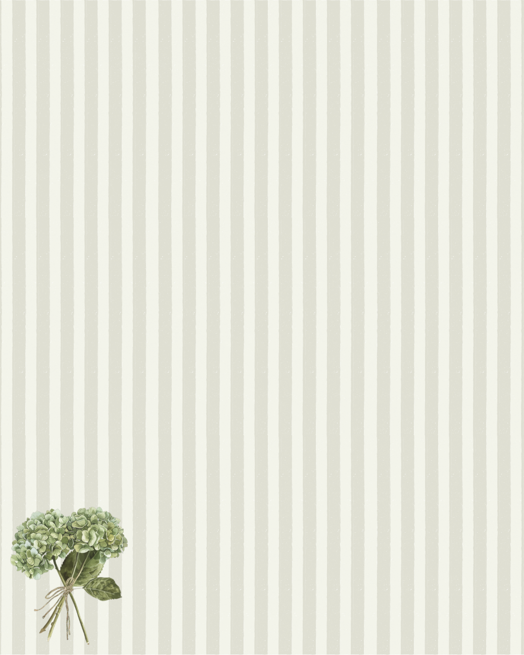 Sage green striped wallpaper with a delicate hydrangea bouquet accent in the lower left corner.