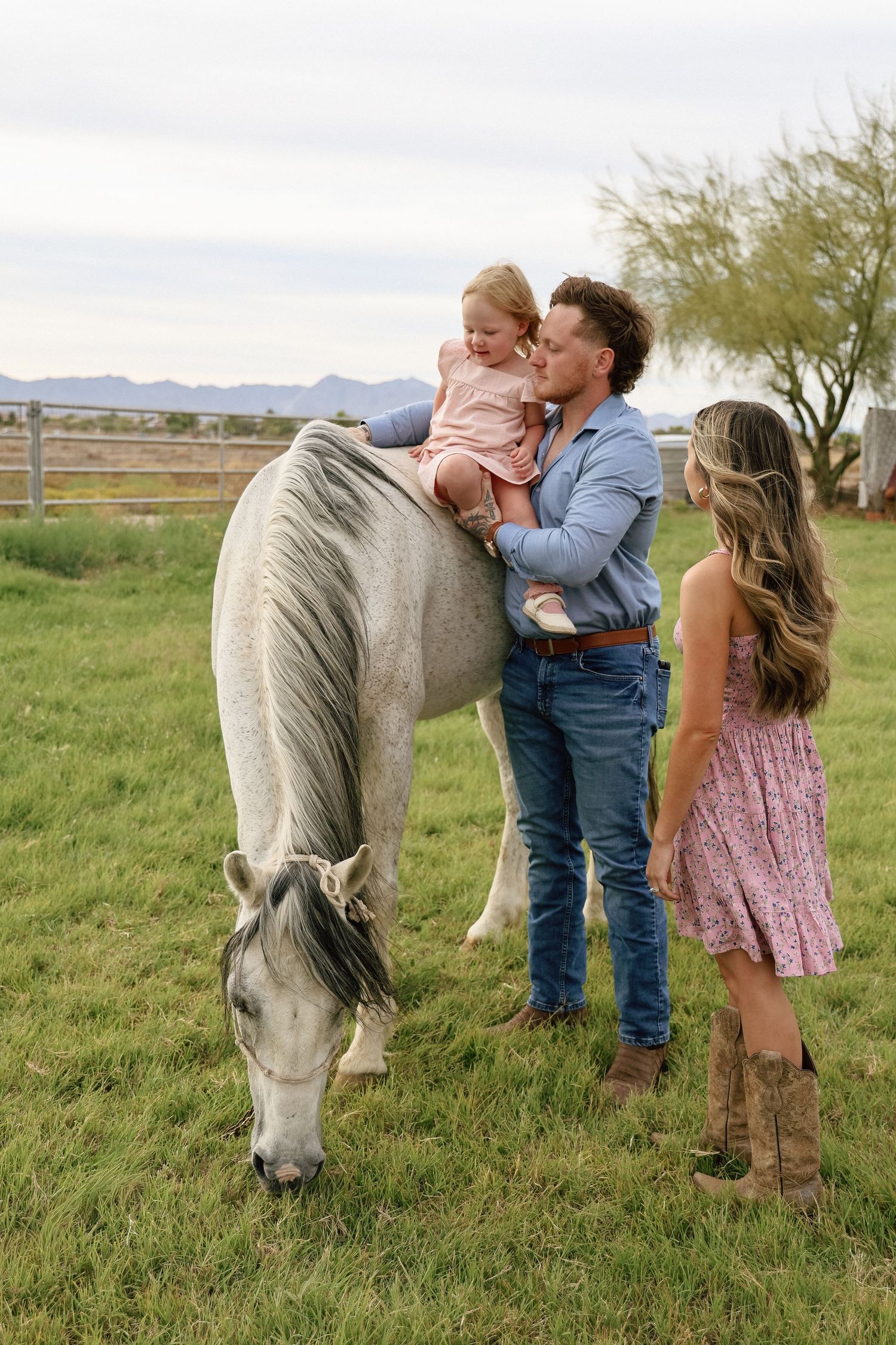 A family with two young girls enjoys time with a gray horse on a green pasture with mountains in the background.
