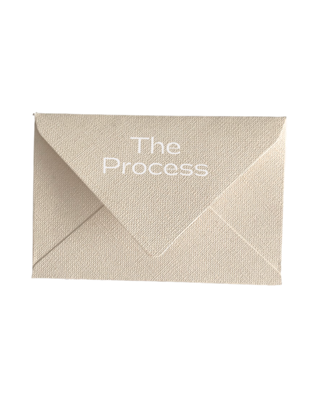 Beige linen envelope clutch bag with white embroidered 'The Process' text on flap closure.