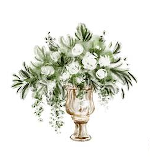 Watercolor bouquet of white roses and green leaves in a vintage gold urn vase illustration.
