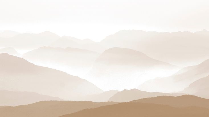 Soft beige and tan layered mountain landscape with misty fog creating a serene, minimalist desert scene.