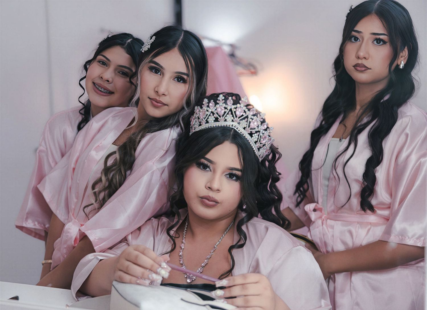 Four young women in pink satin robes pose together, one wearing a decorative tiara, in a quinceañera preparation setting.