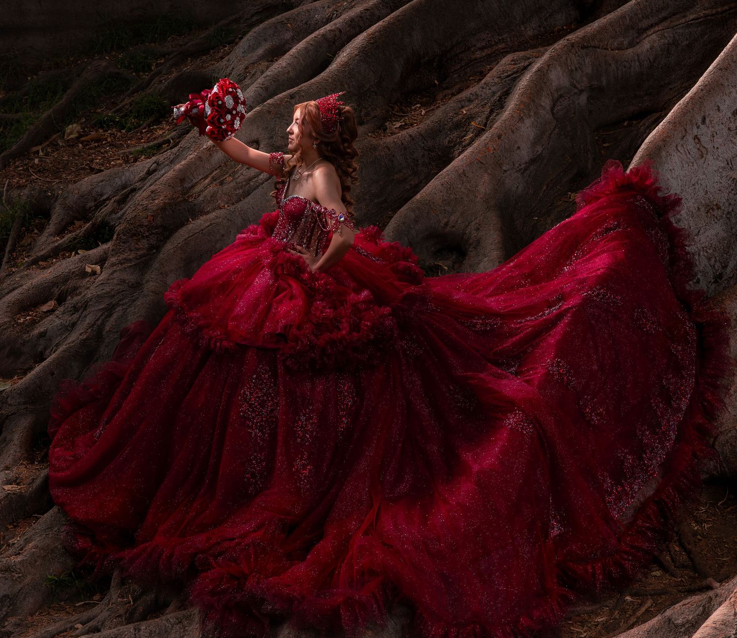 A dramatic deep red ballgown with ruffles and sparkles photographed against dark rocky terrain in moody lighting.