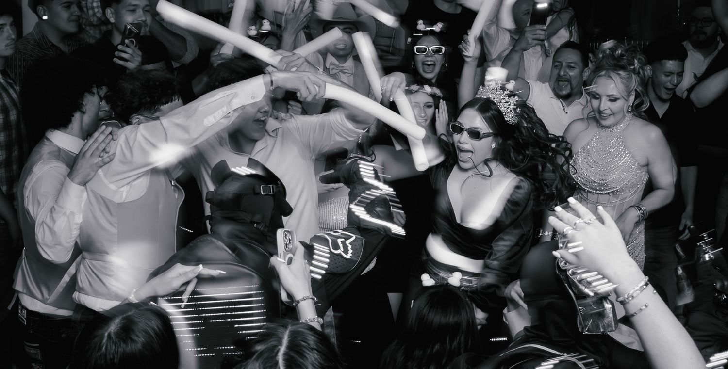 Black and white photos of a crowded concert venue showing energetic audience members dancing and moshing.