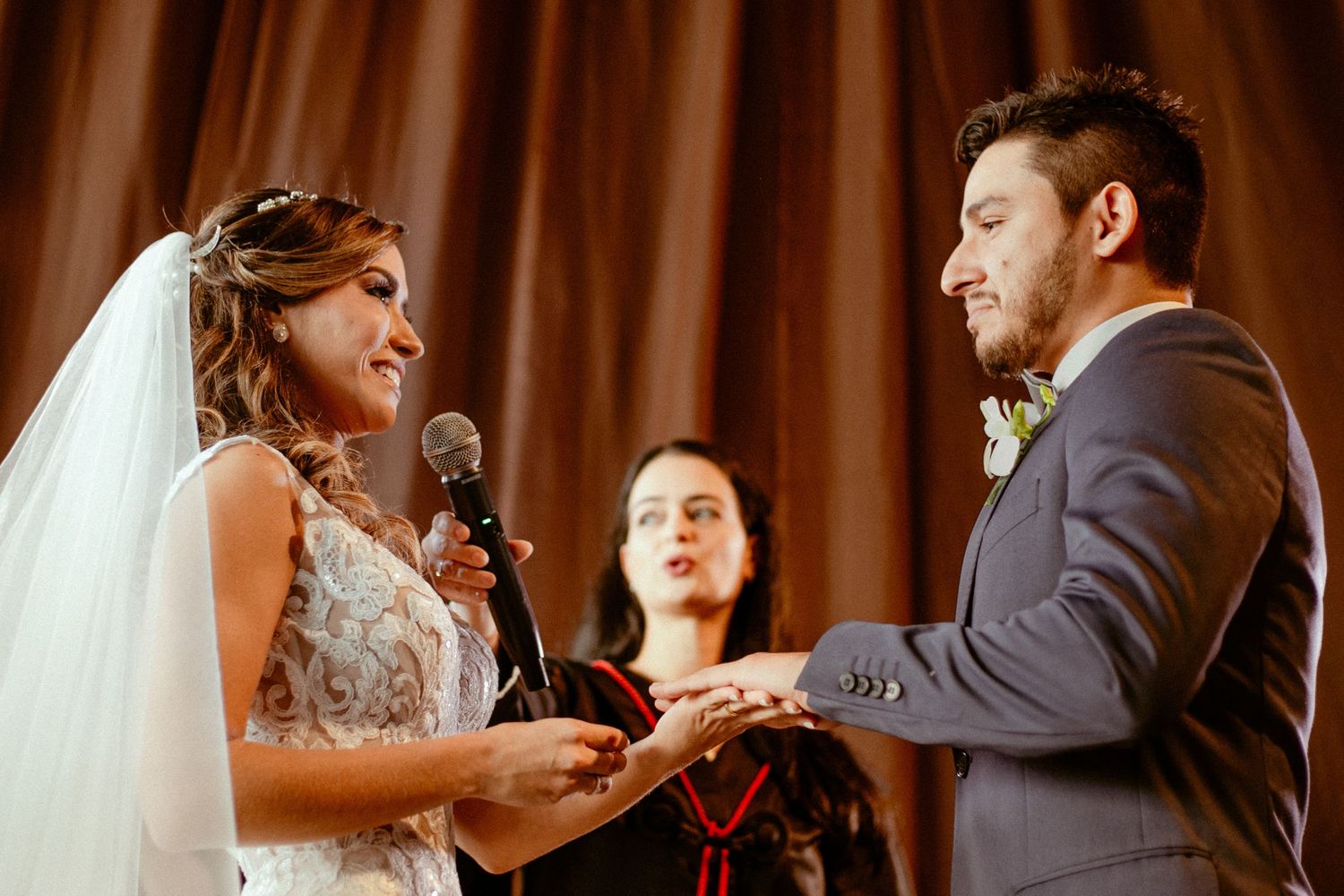 A series of emotional moments during a wedding ceremony showing couples exchanging rings and vows at the altar.