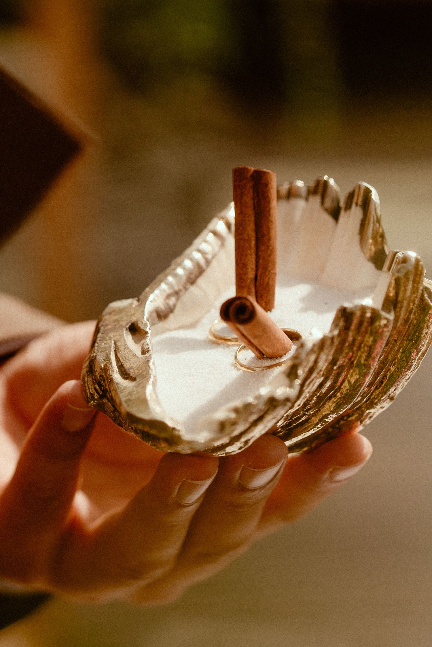 Sequence of images showing whipped cream piped onto dessert with cinnamon sticks as garnish in warm lighting.