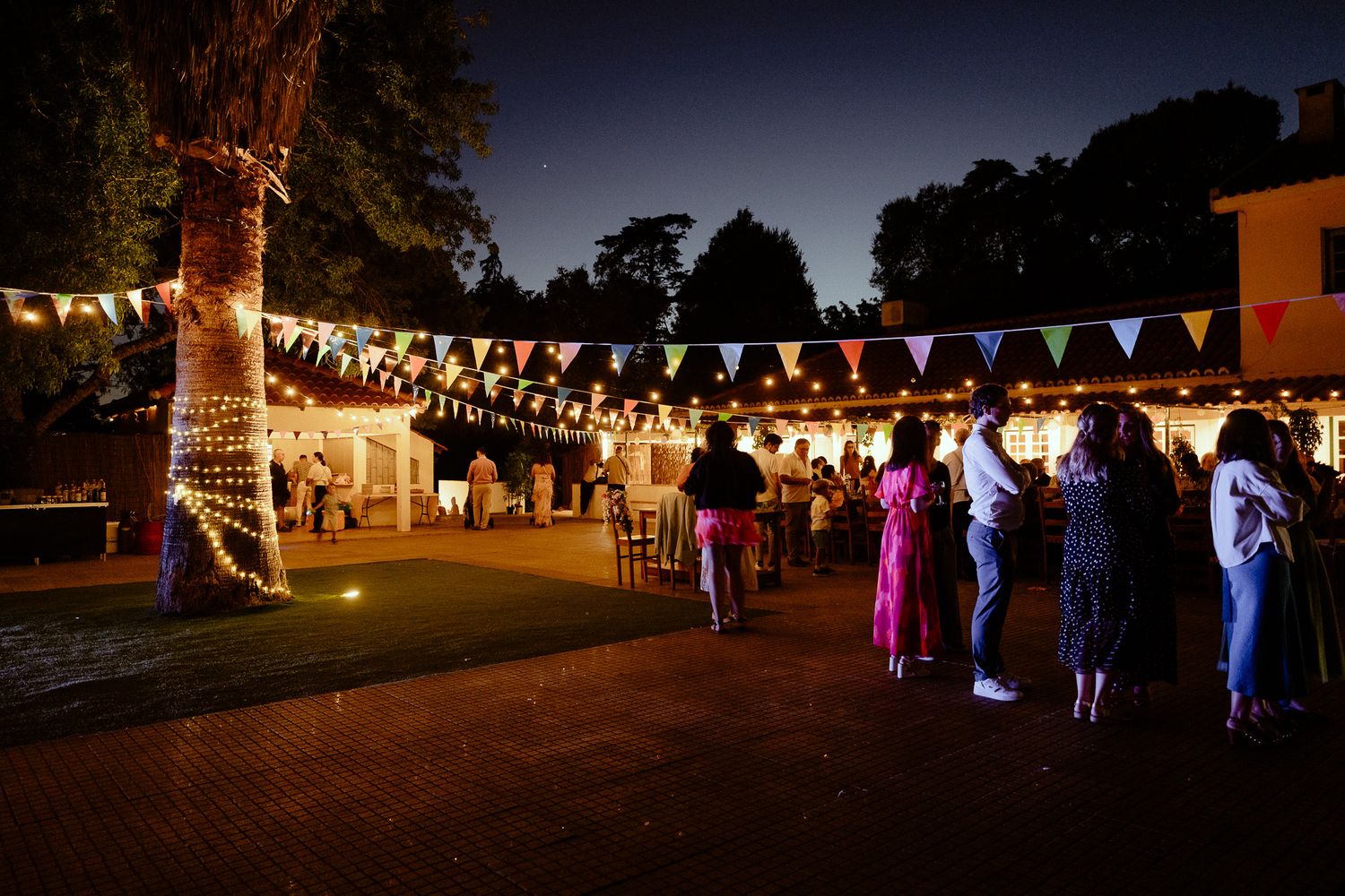 Outdoor evening party with colorful bunting lights and guests dancing under string lights near a palm tree.
