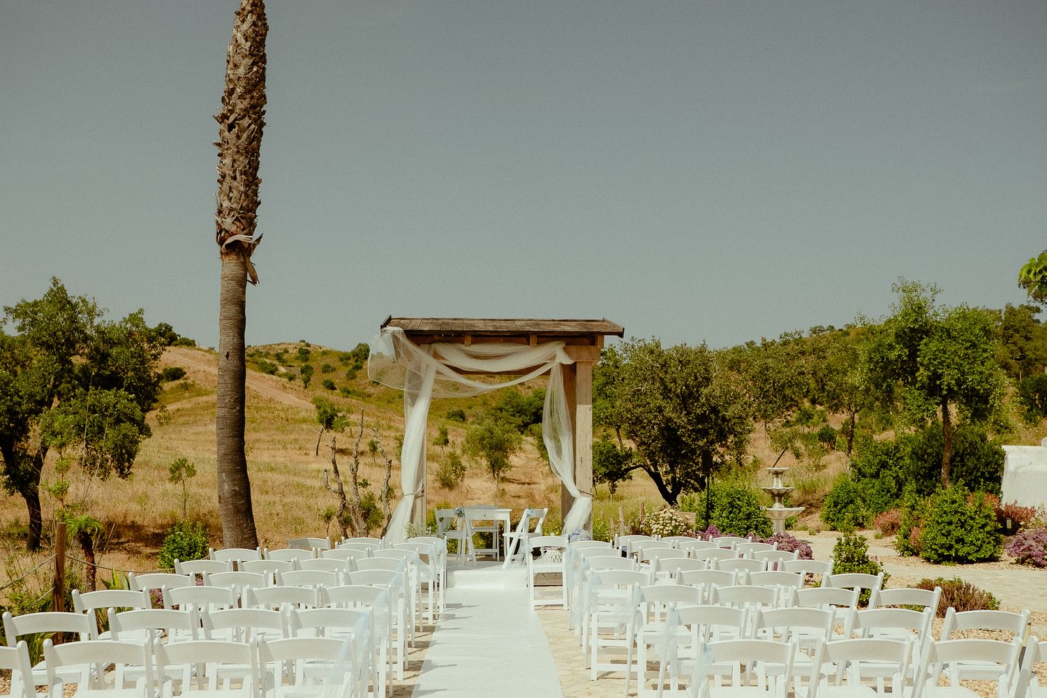 Outdoor wedding ceremony setup with white chairs, floral arch, and palm tree in sunny rustic landscape.