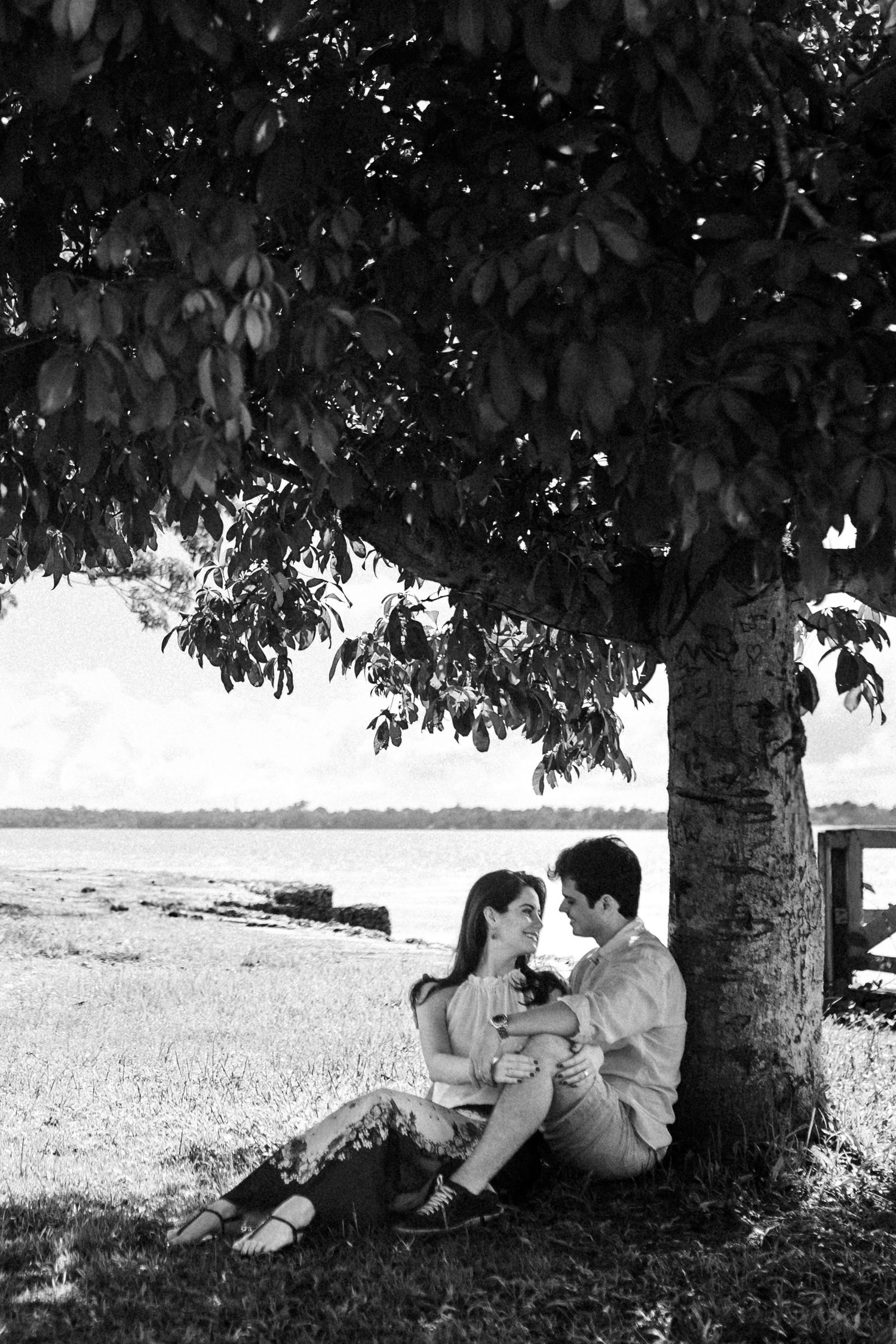 A couple rests together under the shade of a tree in a scenic black and white countryside setting.