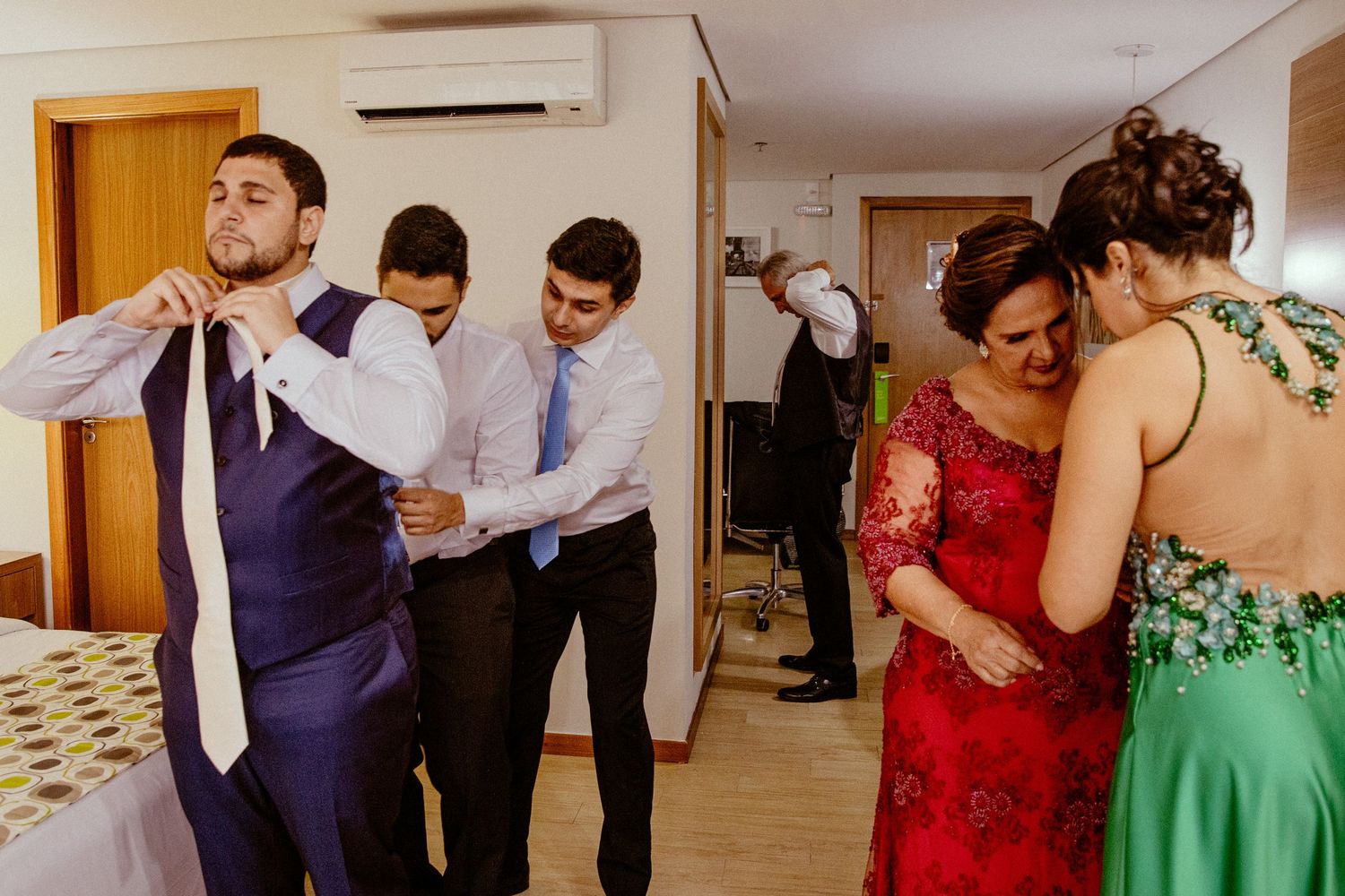 Wedding preparation scene with formal attire and getting ready moments.