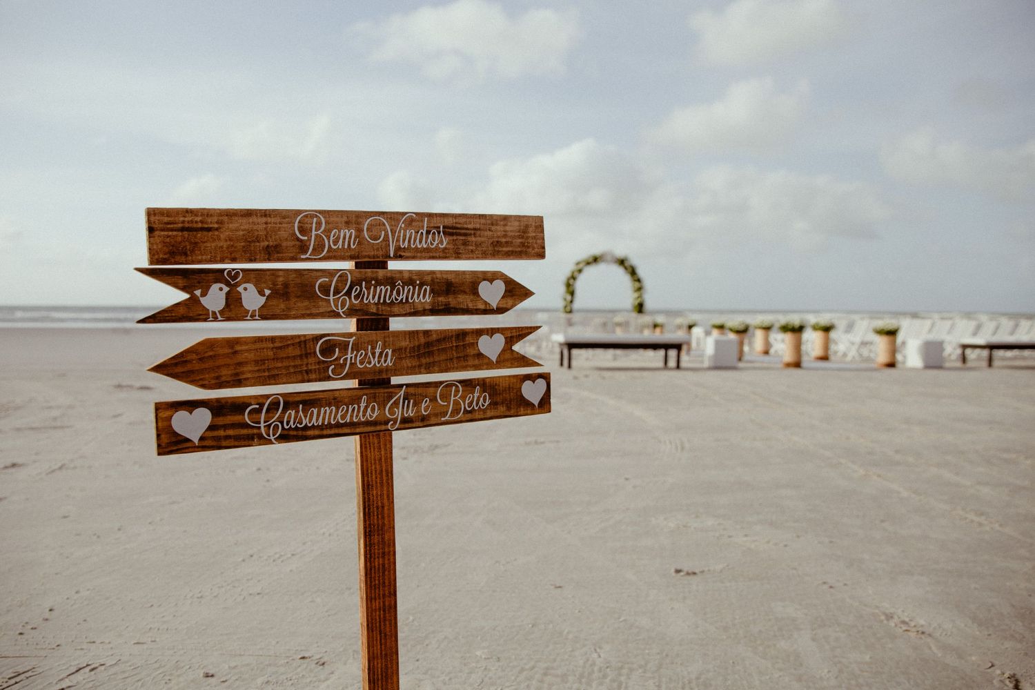 A wooden directional sign with arrows points to different beach locations on a sandy shoreline.