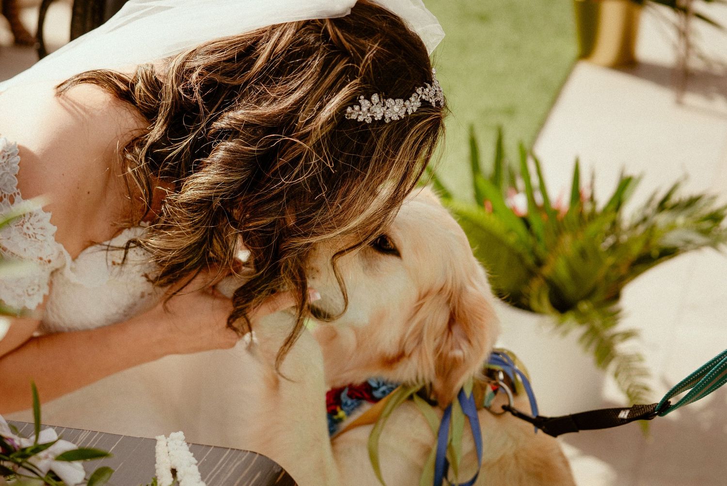 Six close-up detail shots of a hairstyle featuring braids, flowers, and delicate accessories at an outdoor celebration.