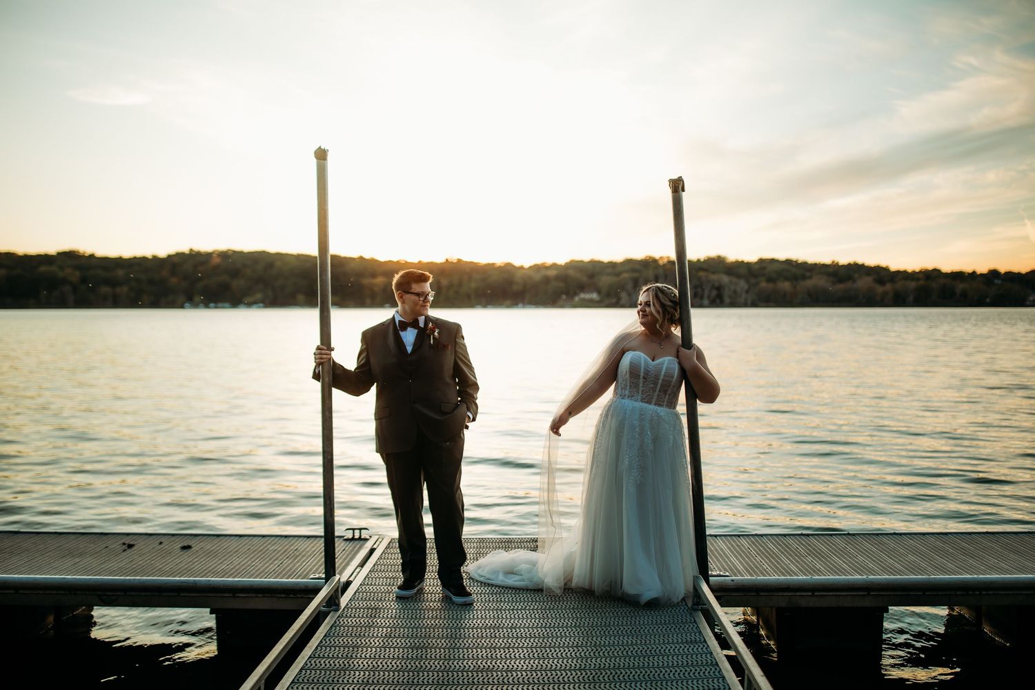 Bridal Portraits of Cindy and Ashley on the dock at Abraham Lincoln Lodge Venue.