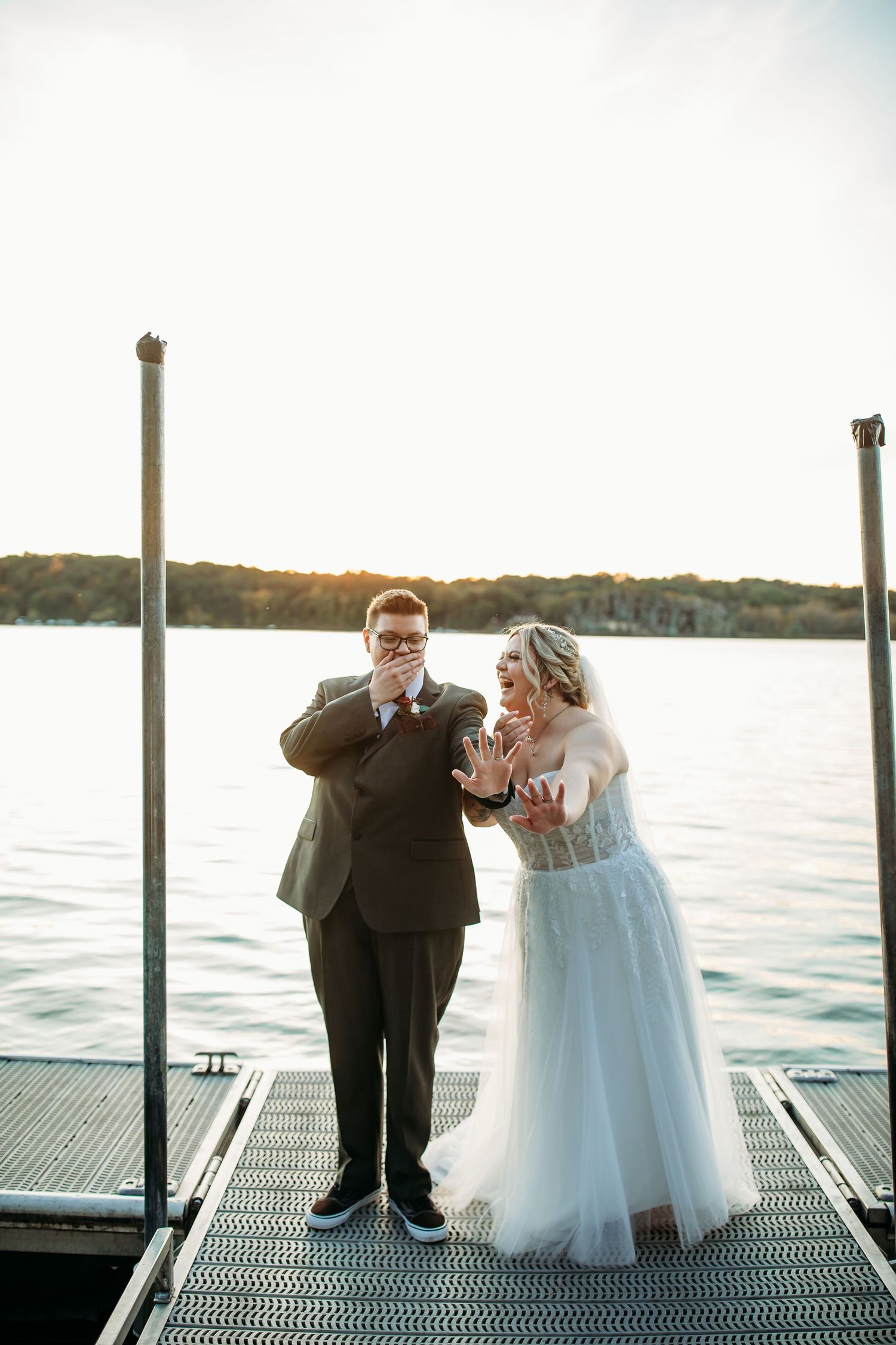 Bridal Portraits of Cindy and Ashley on the dock at Abraham Lincoln Lodge Venue.