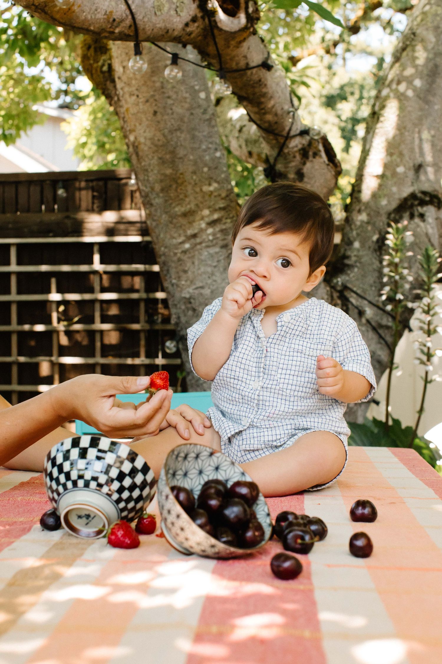 Baby eating strawberries at outdoor table, documentary lifestyle family photography Los Angeles by photographer Phia Photography